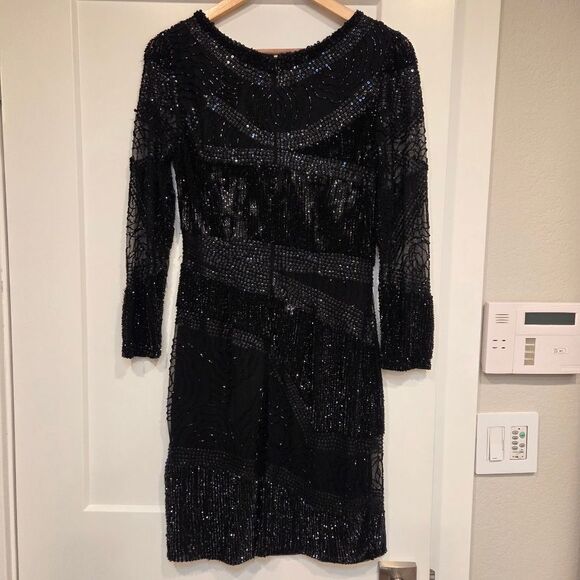 Aidan Mattox Black Sequin Beaded Sheath Evening Cocktail Long Sleeve Dress 6 - Picture 4 of 10